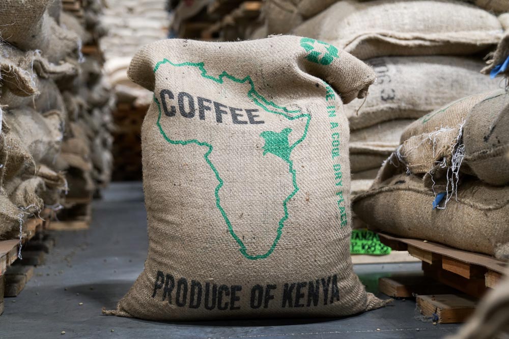 a sack of coffee beans with a map of Africa on it